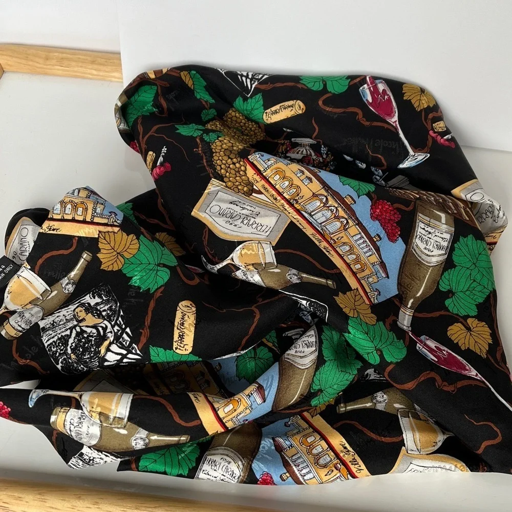 Vintage Nicole Miller Silk Scarf Wine Grape Vineyard Print Large 43x42